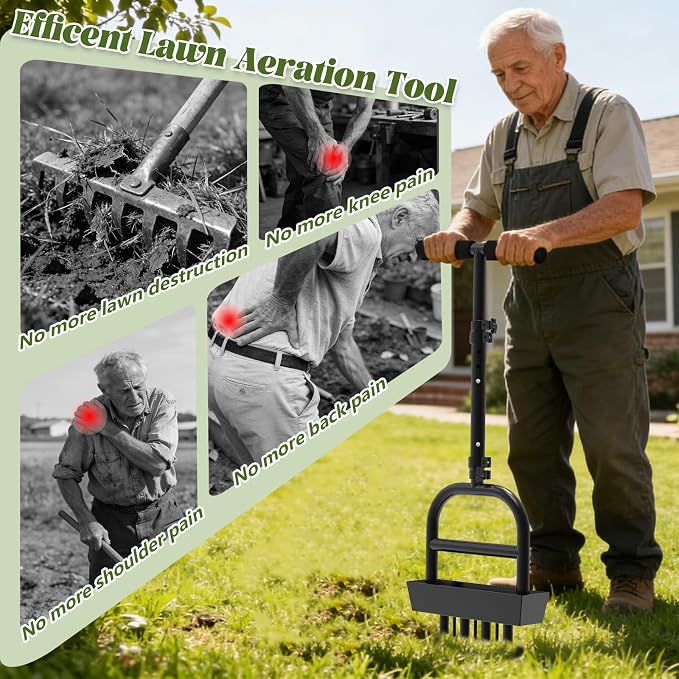 Lawn Aerator Tool with 4 Hollow Tines & 3 Spike Tines, Aerator Lawn Tool with Soil Core Storage Tray, Grass Aerator for Yard Aerator, Manual Lawn Core Aerator & Yard Aerator Garden Tool