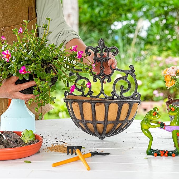 Sungmor 2PC Small Cast Iron Baskets, Heavy-Duty Wall Hanging Hollow Planter w/Fabric Liner, Antique Victoria Half Round Wall Pot Plants Holder, Outdoor Railing Fence Balcony Hanging Basket Flower Pot