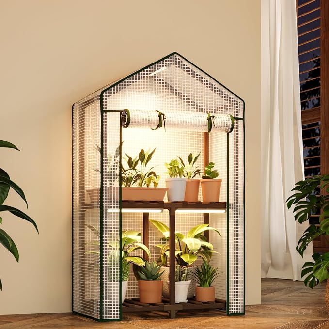 Bamworld Mini Greenhouse with Grow Light 2 Tied Plant Stand for Mutiple Pots Outdoor 2-Tierd Reusable Portable Warm House with PE Cover Compact Patio Boho Home Decor