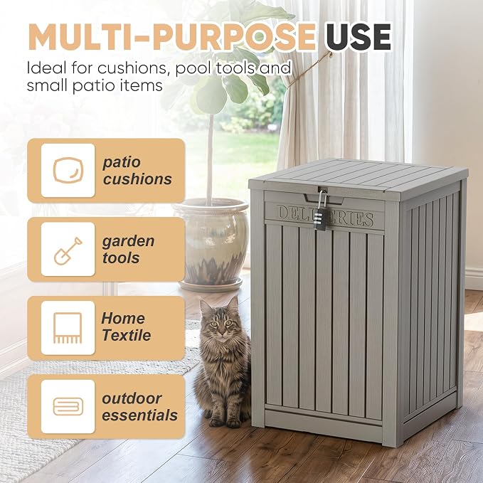 EasyUp 56 Gallon Deck Boxes Outdoor Waterproof, Resin Outside Storage Box for Patio Cushion Furniture Pool Accessories Garden Tools Indoor Outdoor Storage Bench (56 Gallon, Grey)