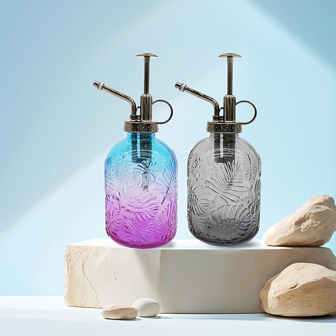 Glass Plant Mister Spray Bottle, 350ML Vintage Plant Spritzer, Succulent Watering Bottle Glass with Top Pump, Small Plants Sprayer Watering Can for Indoor (Blue Purple)