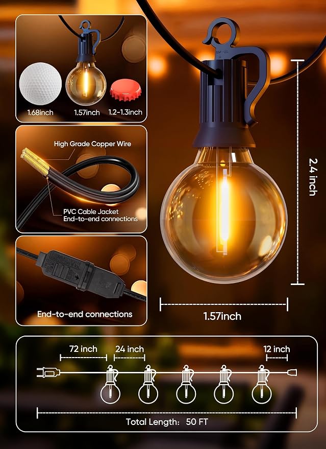 Brightown Outdoor String Lights, 50FT 25 G40 Bulbs Shatterproof Patio Lights, IP65 Waterproof Dimmable Hanging Connectable Globe LED Outdoor Lights for Christmas, Backyard, Bistro, Porch