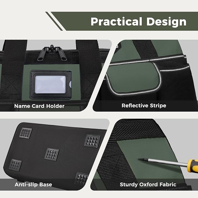 16-Inch Heavy Duty Tool Bag, 22 Pockets Empty Tool Box Organizer Storage, Soft Tote Toolbox Organization Portable Handle Carrying Work Toolbag, Father Day Gifts Men Electrician Mechanic, Green