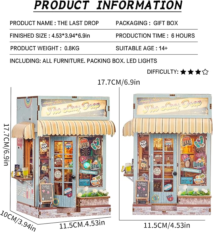 Roroom DIY Book Nook Kit, DIY Dollhouse Bookshelf Insert Decor Alley,Wood Bookend Model Building with LED Light,Handmade Craft for Birthday Christmas and Valentine's Day - The Last Drop-ZWSL36