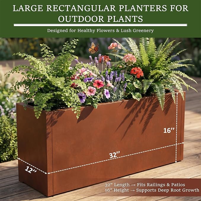 32 Inch Corten Steel Planter Box for Outdoor Plants, Large Rectangular Weathering Steel Planter with Drainage Holes, Metal Planter Box for Patio, Porch, Balcony, Backyard & Garden