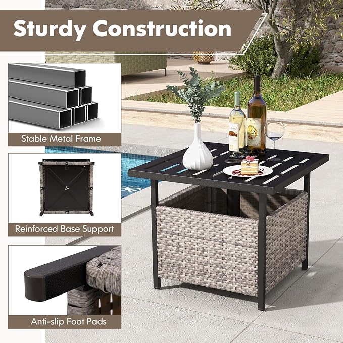 Tangkula Outdoor Table with Umbrella Hole, Rattan Umbrella Stand Table, Wicker Outside Side Table with Steel Metal Frame, Patio Bistro Table for Deck Garden Pool Yard, 22 x 22 x 18.5 Inch (Grey)
