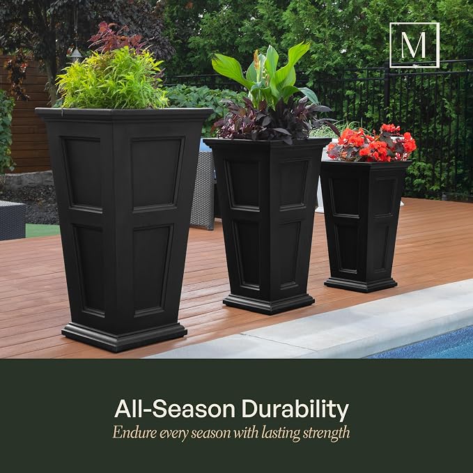 Mayne Fairfield 28-Inch Tall Planter, 2-Pack – Self-Watering, Weather-Resistant Planter for Flowers – Durable Outdoor Design for Patio, Porch, or Entryway