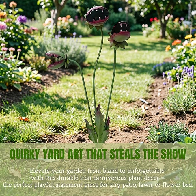 Whimsical Metal Carnivorous Plant Garden Stake, 25-Inch Handmade Venus Flytrap Monster Sculpture, Unique Quirky Yard Art for Garden Patio Lawn Flower Beds, Durable Outdoor Decor Gift (1 pack)