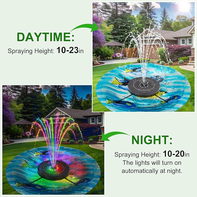 SEIRMEP Solar Fountain Pump with 3 Spray Height Adjustments, Upgraded Glass Solar Bird Bath Fountains with LED Lights,6 Nozzles,Outdoor Solar Water Fountain for Bird Bath, Garden, Pool, Pond (Black)