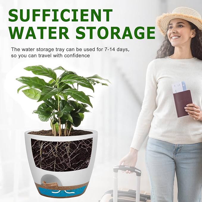 QRRICA Plant Pots 10/9/8/7.5/7 Inch Self Watering Pots, Set of 5 Plastic Planters with Drainage Holes and Saucers,Plastic Flower Pots,Nursery Planting Pot for Indoor Out Door Plants（White）