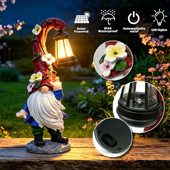 Garden Gnome Statue with Solar Lights 13.7" Garden Sculptures Gnomes Decorations Gnome Outdoor Patio Lawn Yard Balcony Birthday Gift for Mom Grandma(Right Light)