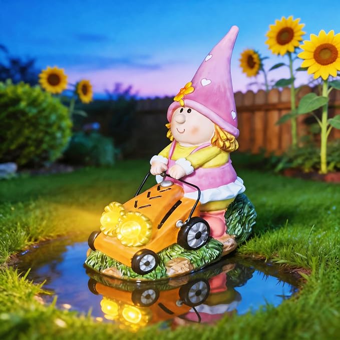 Solar Garden Gnomes Decor for Yard, Fairy Sunflower Lawn Mover Statue | 8inch Height, Lighting 8-10 Hour, Waterproof Outdoor Figurine Lights, Face-revealing, Heart Hat, Pink Gifts for Women