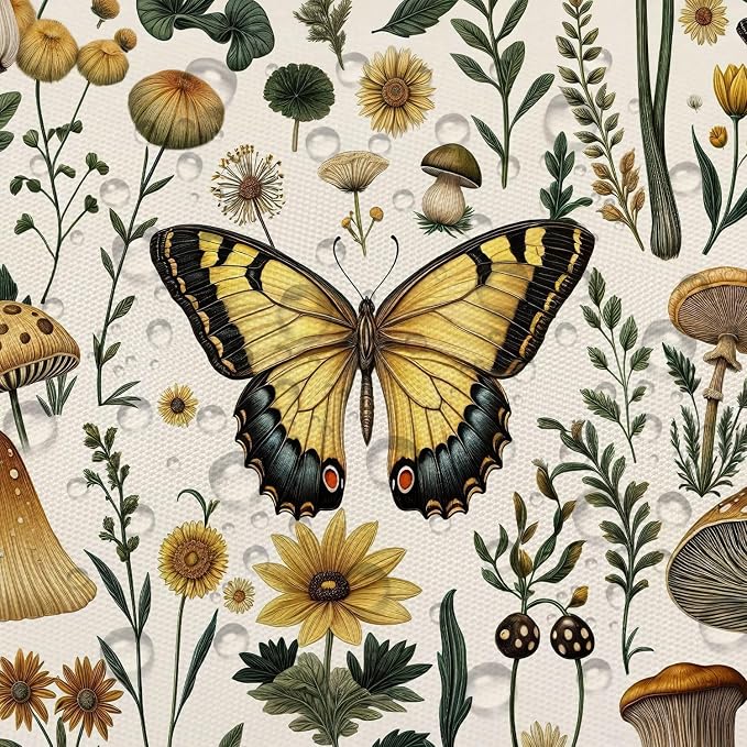 Rustic Boho Mushroom Shower Curtain, Vintage Chic Butterfly Botanical Floral Farmhouse Cottagecore Aesthetic Shower Curtain Set with Hook, Fairy Witchy Plant Shower Curtain for Bathroom 60X72 Beige