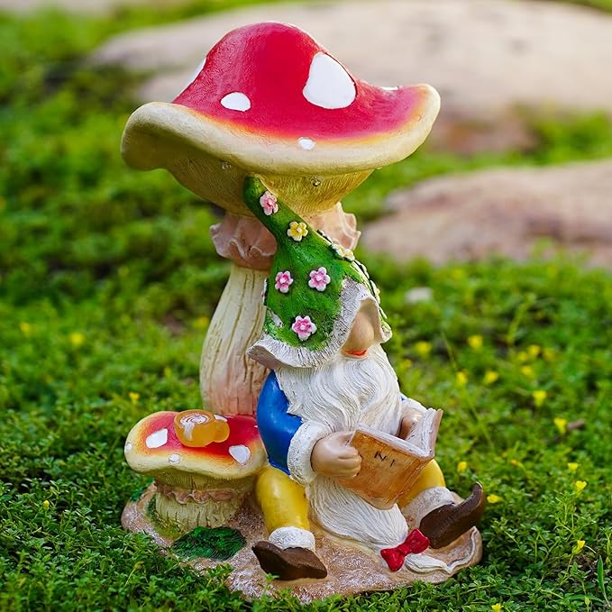Solar Garden Outdoor Statues Gnome Reading Under Mushroom with 5 LED Lawn Decor Outside Decorations for Patio, Balcony, Yard Ornament Unique Garden Gift
