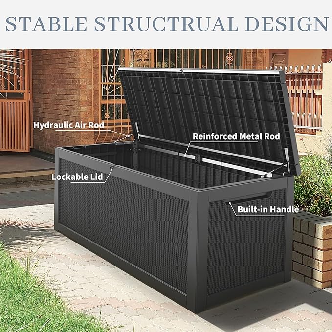 Outdoor Storage Box, 320 Gallon Resin Deck Boxes Outdoor Waterproof For Patio Furniture, Garden Tools, Pool Supplies, Lockable And UV Resistant (Rattan Black)