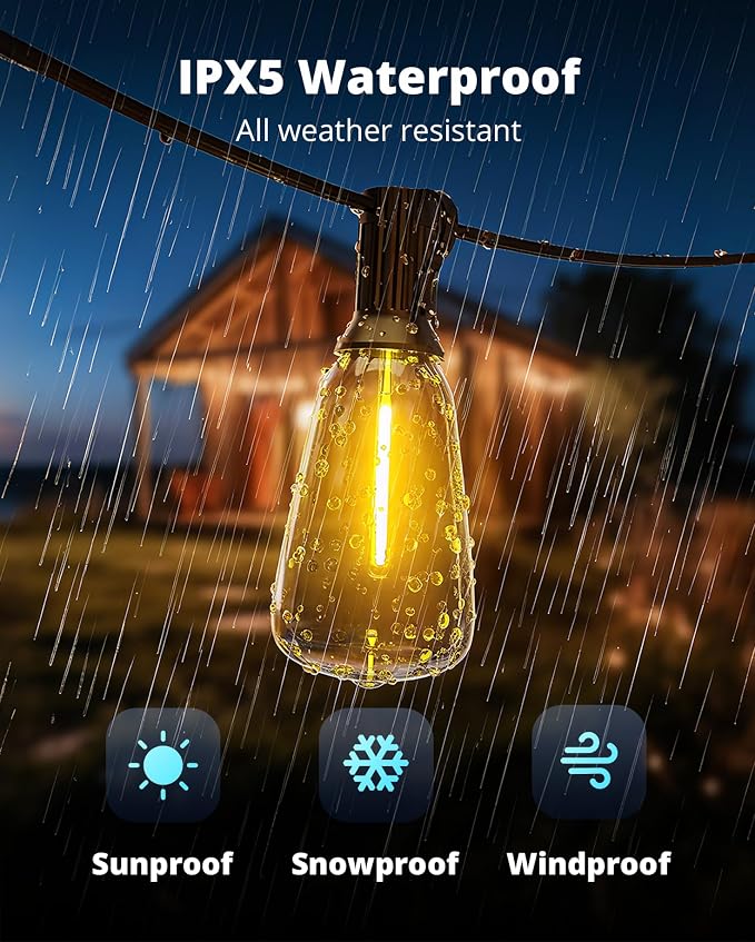 VIPAR Outdoor String Lights, 100FT 52 ST38 Bulbs Patio Lights Outdoor Waterproof, Shatterproof Vintage Edison LED Outside Hanging Light for Backyard, Porch, Garden, Deck, Bistro, 2700K Dimmable