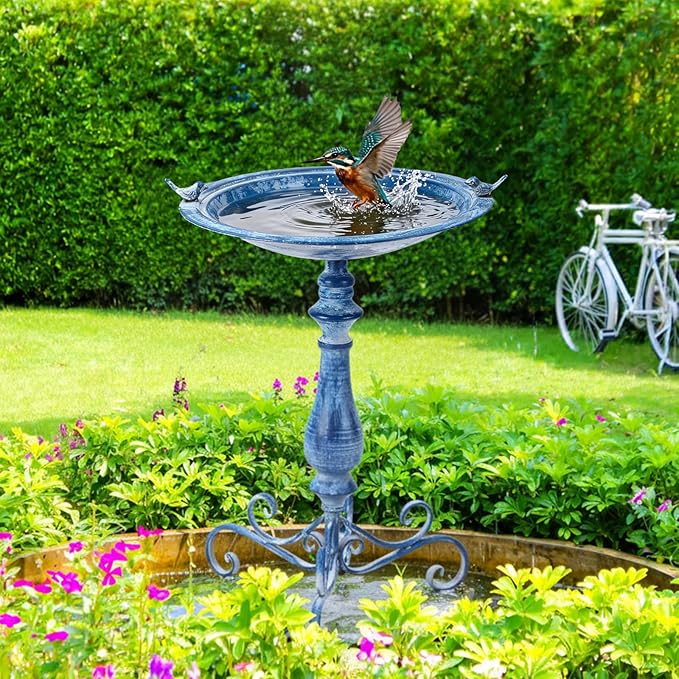 Newtay 27.25" Ornate Metal Pedestal Style Birdbath with Cast Iron Vintage Birds Baths for Outdoors on Rim Full Base Standing Bird Bath Tray for Garden Yard Decoration Not Easy to Rust (Blue)