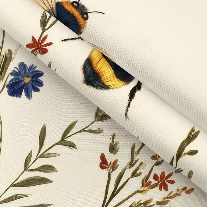 Rustic Boho Floral Bee Shower Curtain, Vintage Chic Bee Botanical Floral Farmhouse Cottagecore Aesthetic Shower Curtain Set with Hook, Nature Garden Plant Shower Curtain for Bathroom 72X72 Beige