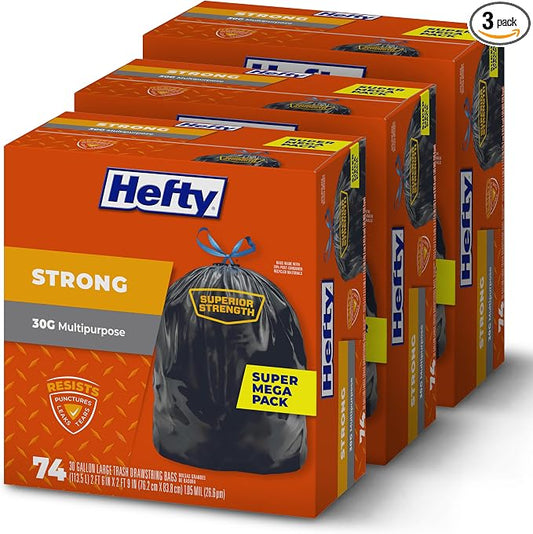 Hefty Strong Large Trash Bags, Black, 30 Gallon, 74 Count per Pack (Pack of 3), 222 Bags Total