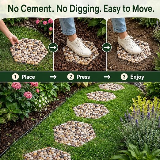 Stepping Stones Outdoor, 12 Inch Natural River Rock Garden Pavers, Set of 6 Round Pebble Stones for Walkway, Yard, Lawn, Patio, Pathway & Landscaping Decor (Hexagon)