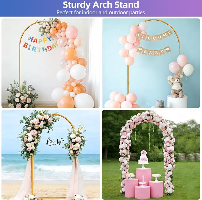 Hemmotop 7.2FT Arch Backdrop Stand for Party, Ceremony, Metal Arch Frame with Ground Stakes, Gold Photo Back Drop Stand for Bridal Shower, Birthday, Photo Booth, Garden Decoration, Baby Shower