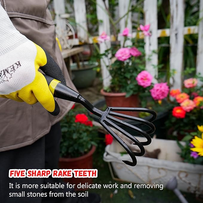 Kemaier Hand Rake and Weeder Cultivator – 5-Claw Heavy Duty Stainless Steel Garden Tool for Small Gardens, Soil Loosening and Weeding – Ergonomic Handle, Durable Hand Tools for Easy Gardening