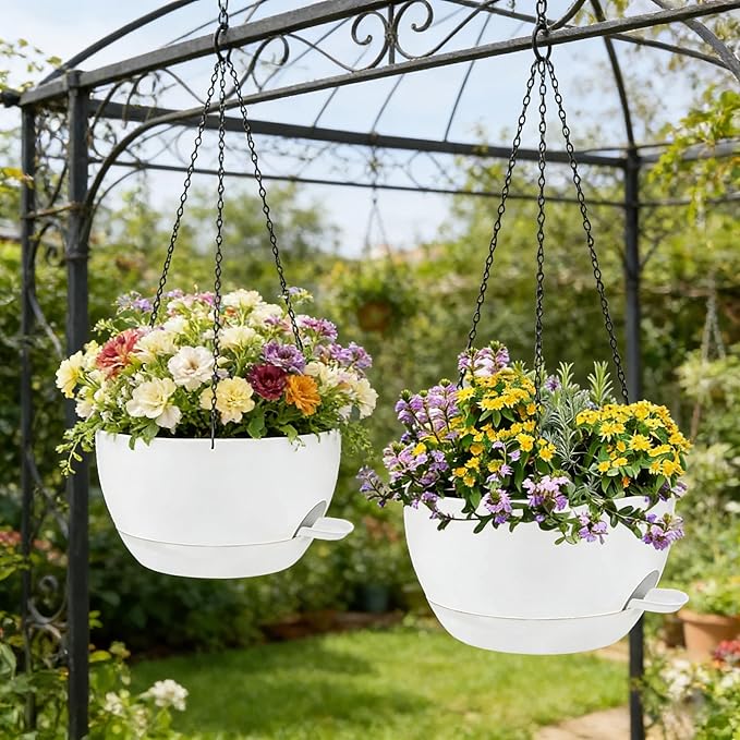 2 Pack 12" Self Watering Hanging Planters, White with Chains | Plastic hanging baskets with 43 Oz removable reservoir, for indoor outdoor plants, patio porch garden balcony decor