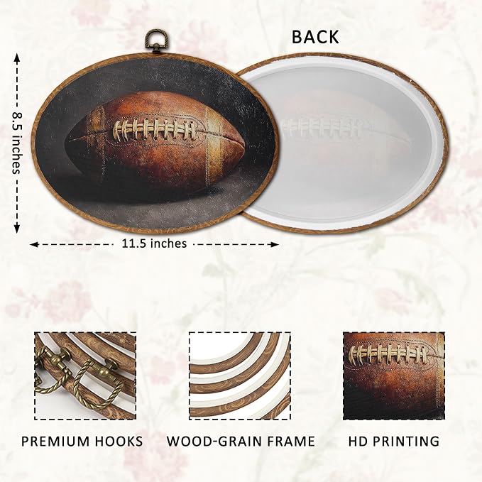 DOFQZ Vintage Football Oval Wall Art Decor, Sports Nursery Framed Wall Art, Football Walls Hanging Decor for Boys Room Bedroom Playroom Sports Room, 11.5x8.5 Inch