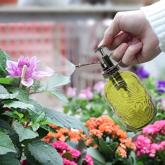 Glass Plant Mister Spray Bottle, 350ML Vintage Plant Spritzer, Succulent Watering Bottle Glass with Top Pump, Small Plants Sprayer Watering Can for Indoor (Yellow Green)
