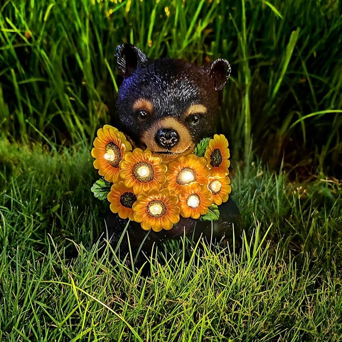 Solar Garden Lights Outdoor Statues Black Bear with Sunflowers, Sculpture Decor Mother Gifts for Women, Men or Daughter, Unique Garden Statues for Housewarming Gifts