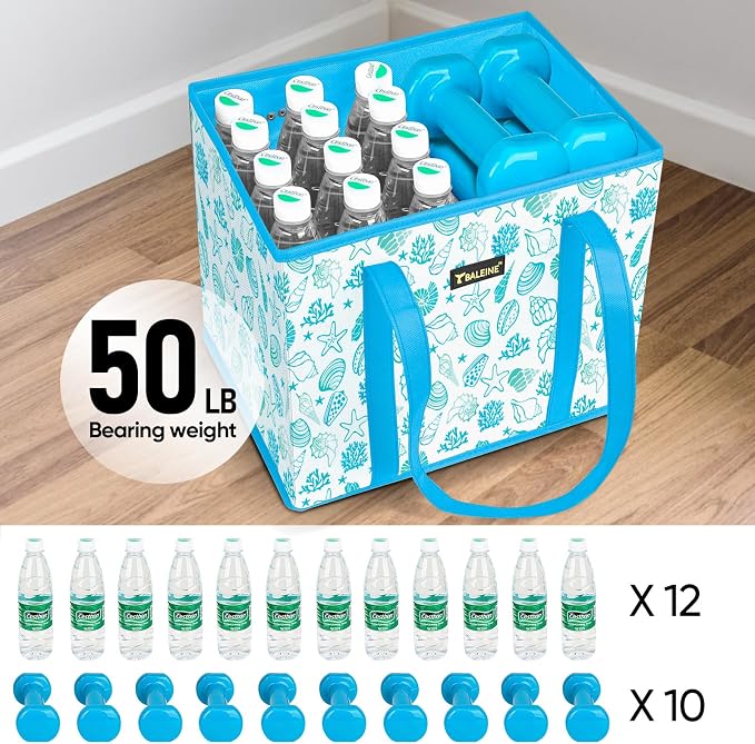 BALEINE 1Pk Reusable Grocery Bags, Foldable Shopping Bags for Groceries with Reinforced Bottom & Handles (Summer Beach-Blue)