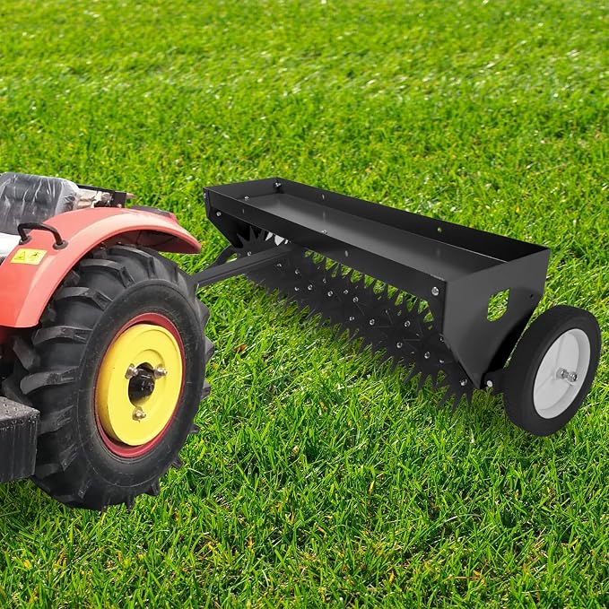 GarveeLife 40 Inch Tow Behind Aerator, Aerator Lawn Tool with Universal Hitch, Adjustable Handle, Transport Wheels, Lawn Aerator Compatible with Tractors for Garden, Farm and Lawn, Black