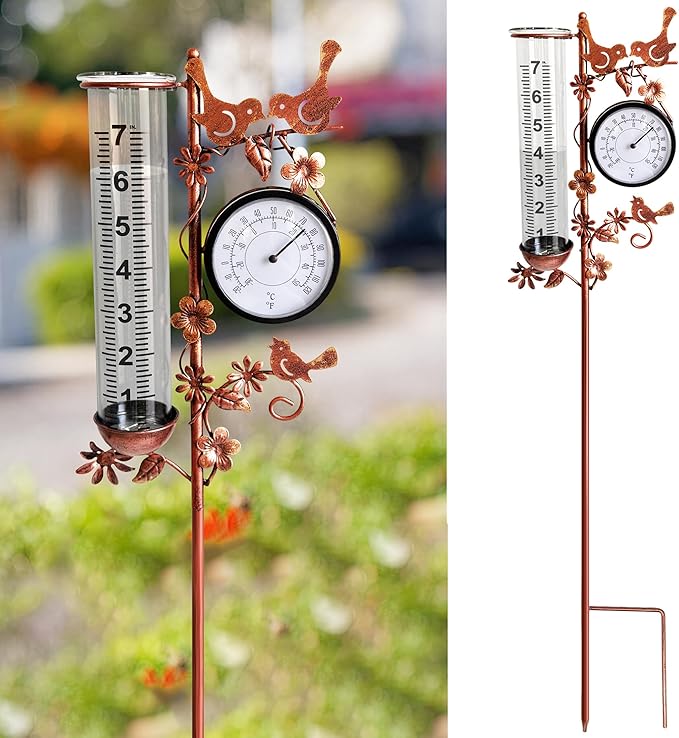 Accurate Rain Gauge with Thermometer, 7" Rain Gauges Outdoors Best Rated, Freeze Proof & Weatherproof, Large Rain Gauge Outdoor Decorative for Yard Lawn Garden(Hummingbird & Flower)