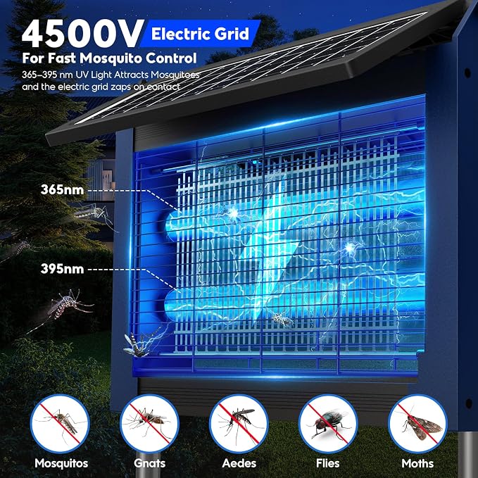 Solar Bug Zapper Outdoor, 4500V Electric Mosquito Zapper with Dual Solar Panels & USB Charging, Auto On/Off Mosquito Killer, IPX5 Waterproof Fly Trap for Backyard Patio Garden Camping, 1/2 Acre
