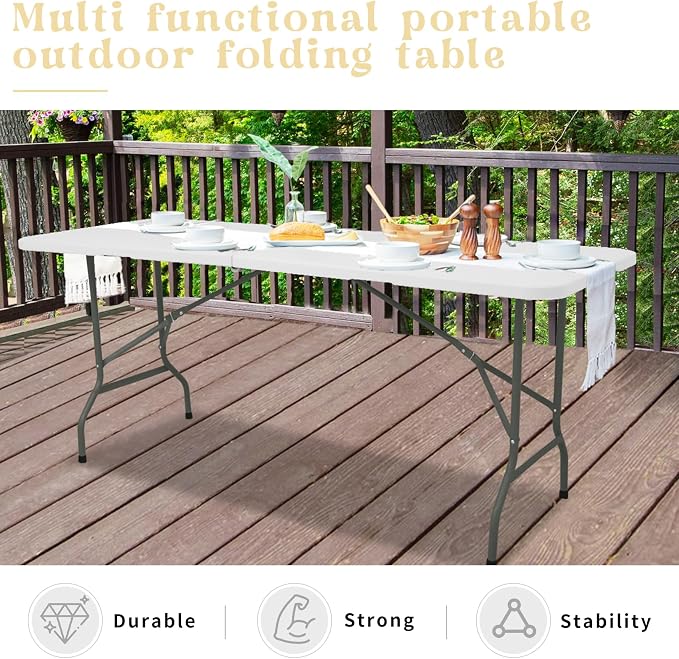 HAISIWLKJ Folding Table 5 FT Camping Table Portable Heavy Duty Plastic Rectangular Outdoor Dining Table Steel Legs Fold-in-Half with Carrying Handle for Indoor,Picnic,Party,Wedding,Events(White)