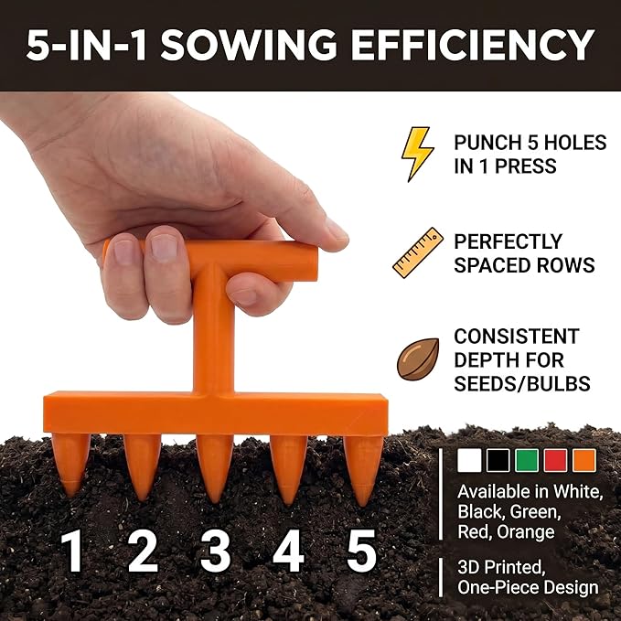 3D Printed 5-Prong Seed Dibber Gardening Tool, Unibody Hand Seeding Punch & Plant Hole Digger for Raised Beds, Seed Spacing Tool & Garden Row Maker, 7.1" x 4.7" (Black)