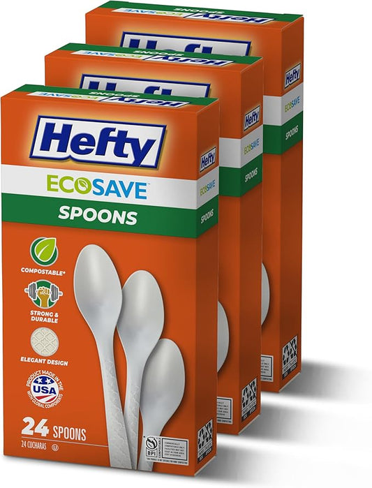 Hefty ECOSAVE Compostable Spoons, 3 Pack, Disposable Spoons for BBQs, Tailgates, Camping, Parties, and More, Strong and Durable Construction, Sustainable Design, 24 per Pack, 72 Total
