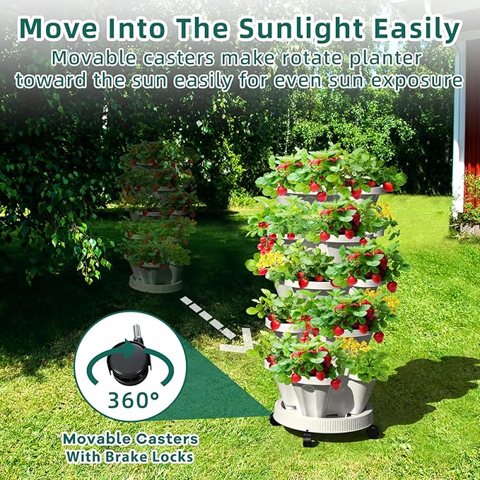 Strawberry Vertical Planters, 6 Tiered Stacking Tower Garden, Stackable Herb Vegetable Planters with Movable Casters and Bottom Saucer Indoor and Outdoor - White