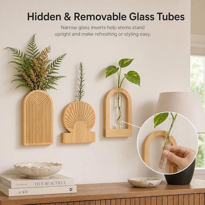 TBWIND Wooden Wall Vases for Flowers Set of 3, Propagation Planter with 2 Glass Tubes, Modern Farmhouse Hanging Wood Decor for Living Room, Entryway (Natural)