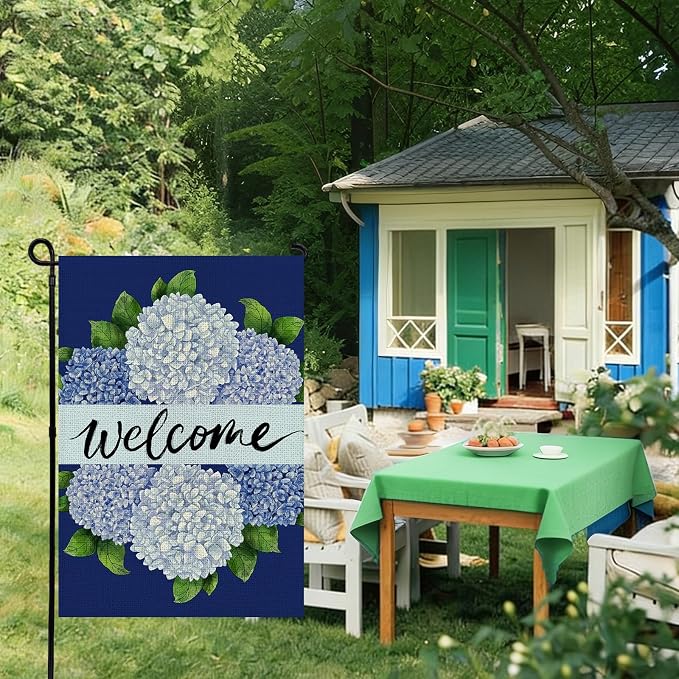 Spring Summer Garden Flag 12x18 Inch Double Sided, Hydrangea Floral Welcome Flag for Yard Outdoor Decoration