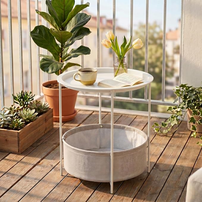 VECELO Round Side/End Table with Fabric Storage Basket，Metal Anti-Rust and Waterproof Small Bedside Nightstand with Removable Tray Top for Living Room，Balcony & Laundry，Beige/1pcs with Basket