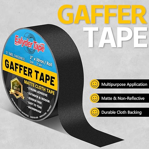 5 Pack Black Gaffers Tape 2 Inch x 30 Yards - Heavy Duty, Waterproof, No Residue, Non-Reflective, Easy Tear Gaffers Stage Tape - Multipurpose