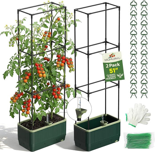 2 Pack 51" Self Watering Planter Box with Trellis, Tomato Planter Trellis for Raised Garden Bed, Tomato Cage with Visual Water Indicator, Indoor Outdoor Tomato Cages for Garden Patio