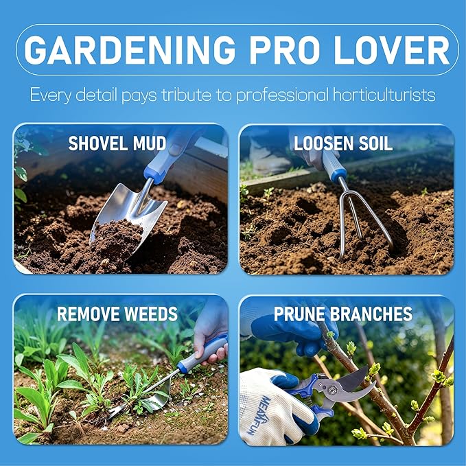 8-Piece Gardening Tools Set, Rust-Proof Stainless Steel Garden Tool with Ergonomic Handles, Ideal Gardening Gifts Set for Women Men, Includes Storage Bag, Gloves, Pruner, and Weeder