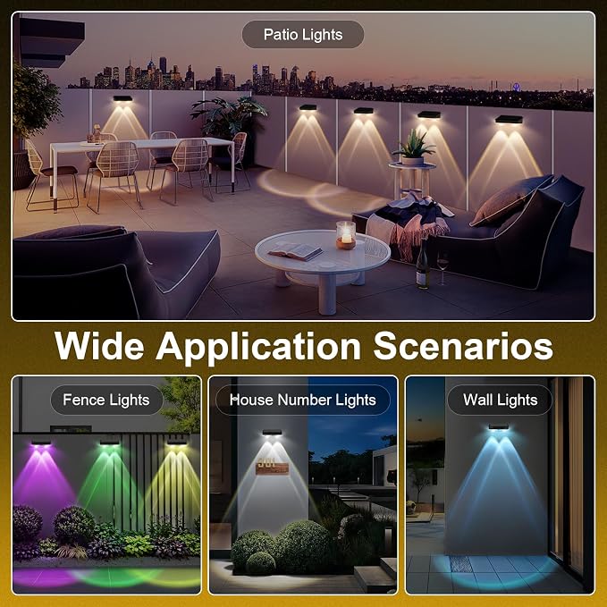 Solar Fence Lights Outdoor 12 Pack, Warm White & Cool White & 6 Colored+RGB Color Changing, High Brightness LED Spot Lens Deck Lights Dusk to Dawn for Backyard Railing Patio Wall, IP65 Waterproof