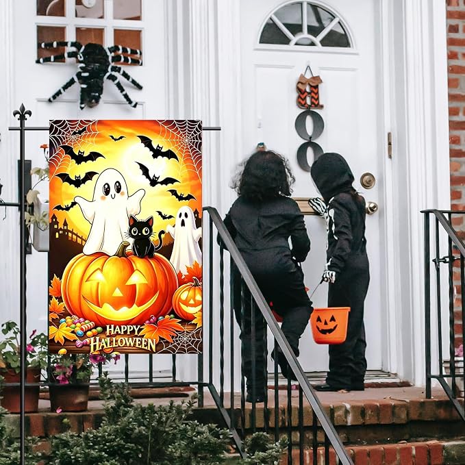 Happy Halloween Ghose Black Cat Garden Flags for Outside 12x18 Inch Double Sided, Small Burlap Holiday Outdoor Garden Flag Halloween Decorations for Home Porch Yard Lawn Décor