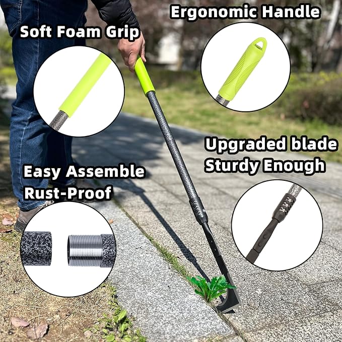 Crack Weeder, 48" Long Handle Crevice Weeding Tool with Soft Foam Grip, Stainless Steel Weed Puller Tool Weeder Tool, Efficient Weed Remover Tool for Sidewalk, Paver, Narrow and Wall Gaps