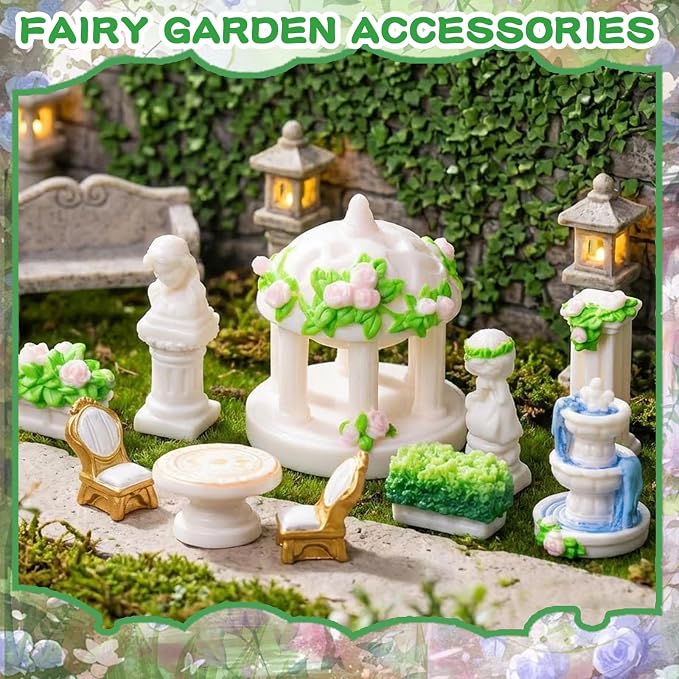 Exasinine 15 Pcs Mini Garden Furniture Ornaments, Micro Resin Patio Set with Table Chair Bench Arch Fountain Statues for DIY Fairy Garden and Home Micro Landscape Decor