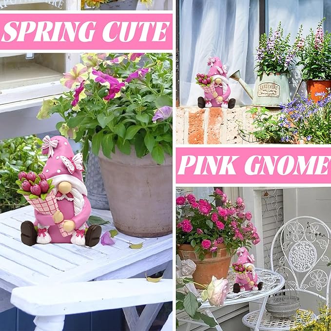 Spring Summer Gnomes Decorations for Home Office - Resin Pink Garden Gnomes with Butterfly Tulip - Retirement Gifts for Women Tiered Tray Decor