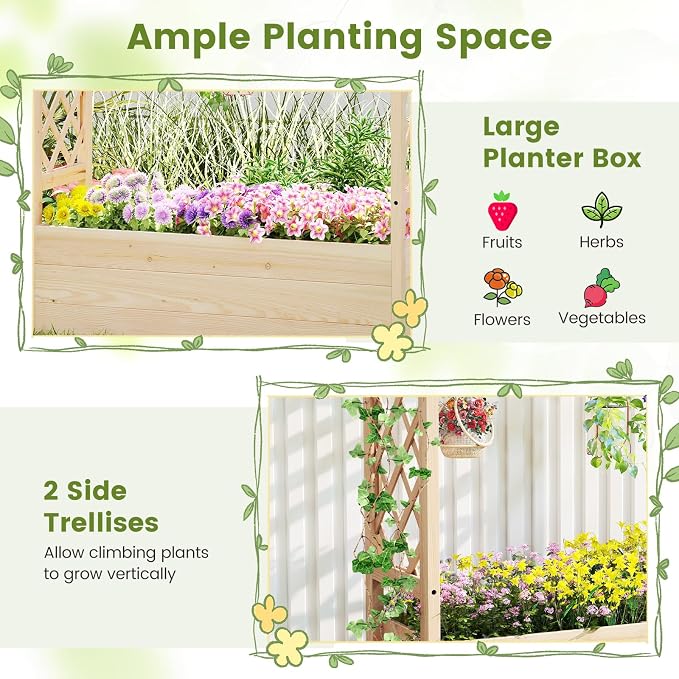 Giantex Raised Garden Bed with Sided Trellis & Hanging Roof, Wood Planter Box, Freestanding Garden Planter Raised Bed for Flowers Herbs Climbing Vines 45”x16”x41” (L x W x H)